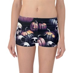 Halloween Party Skulls, Demonic Pumpkins Pattern Reversible Boyleg Bikini Bottoms by Casemiro