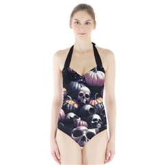 Halloween Party Skulls, Demonic Pumpkins Pattern Halter Swimsuit by Casemiro