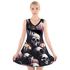 Halloween Party Skulls, Demonic Pumpkins Pattern V-neck Sleeveless Dress by Casemiro