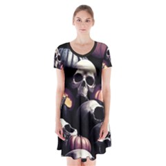 Halloween Party Skulls, Demonic Pumpkins Pattern Short Sleeve V-neck Flare Dress by Casemiro