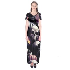 Halloween Party Skulls, Demonic Pumpkins Pattern Short Sleeve Maxi Dress by Casemiro