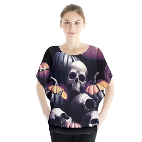 Halloween Party Skulls, Demonic Pumpkins Pattern Batwing Chiffon Blouse by Casemiro