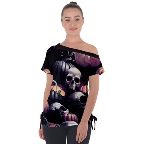 Halloween Party Skulls, Demonic Pumpkins Pattern Off Shoulder Tie-up Tee by Casemiro