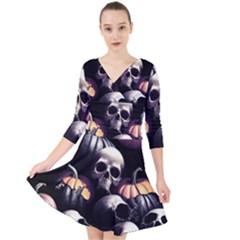 Halloween Party Skulls, Demonic Pumpkins Pattern Quarter Sleeve Front Wrap Dress by Casemiro