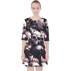 Halloween Party Skulls, Demonic Pumpkins Pattern Quarter Sleeve Pocket Dress by Casemiro