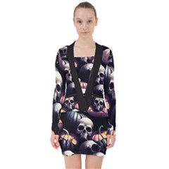 Halloween Party Skulls, Demonic Pumpkins Pattern V-neck Bodycon Long Sleeve Dress by Casemiro