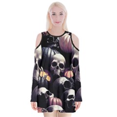 Halloween Party Skulls, Demonic Pumpkins Pattern Velvet Long Sleeve Shoulder Cutout Dress