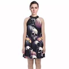 Halloween Party Skulls, Demonic Pumpkins Pattern Velvet Halter Neckline Dress 