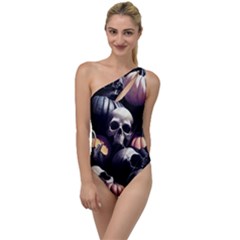 Halloween Party Skulls, Demonic Pumpkins Pattern To One Side Swimsuit by Casemiro