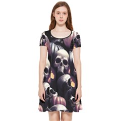 Halloween Party Skulls, Demonic Pumpkins Pattern Inside Out Cap Sleeve Dress by Casemiro