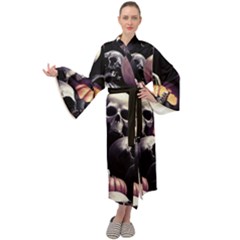 Halloween Party Skulls, Demonic Pumpkins Pattern Maxi Velvet Kimono by Casemiro