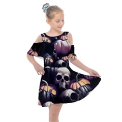 Halloween Party Skulls, Demonic Pumpkins Pattern Kids  Shoulder Cutout Chiffon Dress by Casemiro