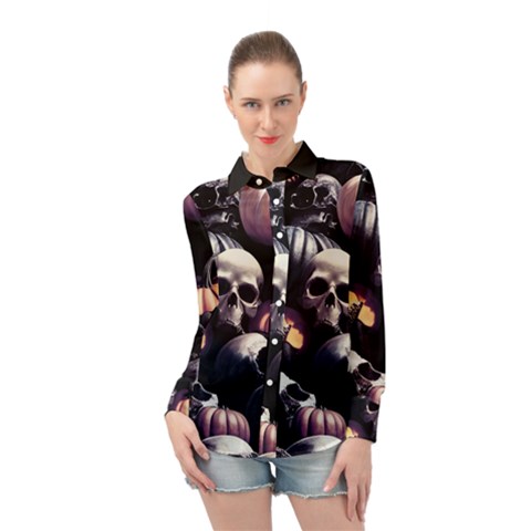 Halloween Party Skulls, Demonic Pumpkins Pattern Long Sleeve Chiffon Shirt by Casemiro