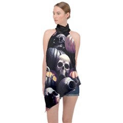 Halloween Party Skulls, Demonic Pumpkins Pattern Halter Asymmetric Satin Top by Casemiro