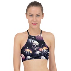 Halloween Party Skulls, Demonic Pumpkins Pattern Halter Bikini Top by Casemiro