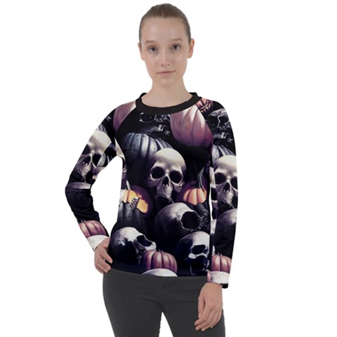 Halloween Party Skulls, Demonic Pumpkins Pattern Women s Long Sleeve Raglan Tee by Casemiro