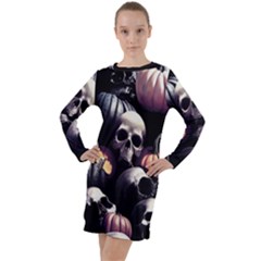 Halloween Party Skulls, Demonic Pumpkins Pattern Long Sleeve Hoodie Dress