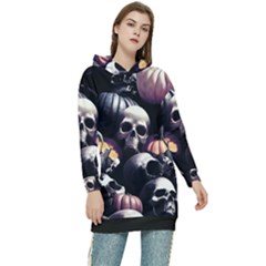 Halloween Party Skulls, Demonic Pumpkins Pattern Women s Long Oversized Pullover Hoodie