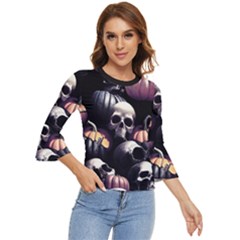 Halloween Party Skulls, Demonic Pumpkins Pattern Bell Sleeve Top