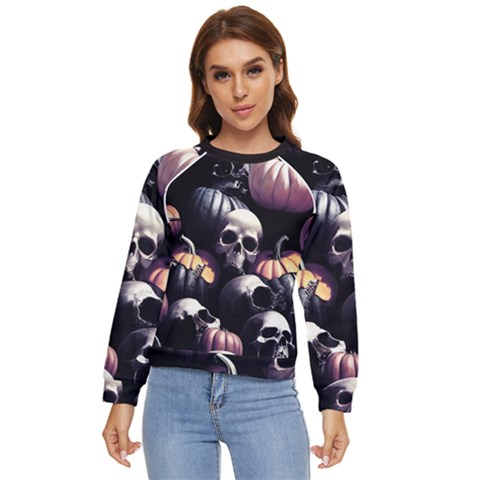 Halloween Party Skulls, Demonic Pumpkins Pattern Women s Long Sleeve Raglan Tee by Casemiro