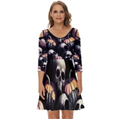 Halloween Party Skulls, Demonic Pumpkins Pattern Shoulder Cut Out Zip Up Dress by Casemiro