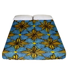 Gold Abstract Flowers Pattern At Blue Background Fitted Sheet (california King Size) by Casemiro