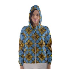 Gold Abstract Flowers Pattern At Blue Background Women s Hooded Windbreaker