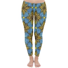 Gold Abstract Flowers Pattern At Blue Background Classic Winter Leggings