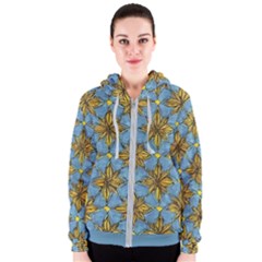 Gold Abstract Flowers Pattern At Blue Background Women s Zipper Hoodie