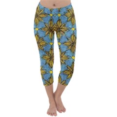 Gold Abstract Flowers Pattern At Blue Background Capri Winter Leggings 