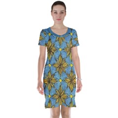 Gold Abstract Flowers Pattern At Blue Background Short Sleeve Nightdress by Casemiro