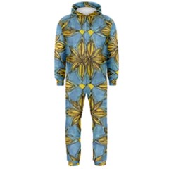 Gold Abstract Flowers Pattern At Blue Background Hooded Jumpsuit (men)