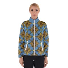 Gold Abstract Flowers Pattern At Blue Background Women s Bomber Jacket