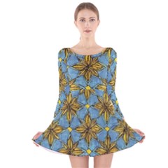 Gold Abstract Flowers Pattern At Blue Background Long Sleeve Velvet Skater Dress