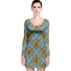 Gold Abstract Flowers Pattern At Blue Background Long Sleeve Velvet Bodycon Dress