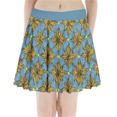 Gold Abstract Flowers Pattern At Blue Background Pleated Mini Skirt by Casemiro