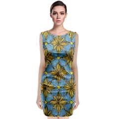 Gold Abstract Flowers Pattern At Blue Background Sleeveless Velvet Midi Dress