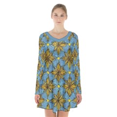 Gold Abstract Flowers Pattern At Blue Background Long Sleeve Velvet V-neck Dress