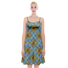 Gold Abstract Flowers Pattern At Blue Background Spaghetti Strap Velvet Dress