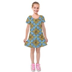 Gold Abstract Flowers Pattern At Blue Background Kids  Short Sleeve Velvet Dress