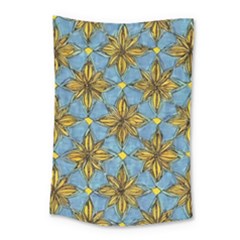 Gold Abstract Flowers Pattern At Blue Background Small Tapestry