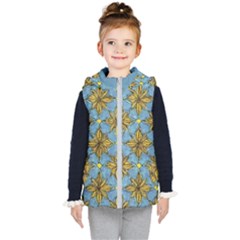 Gold Abstract Flowers Pattern At Blue Background Kids  Hooded Puffer Vest