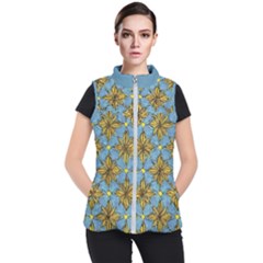 Gold Abstract Flowers Pattern At Blue Background Women s Puffer Vest