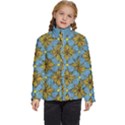 Gold abstract flowers pattern at blue background Kids  Puffer Bubble Jacket Coat View1