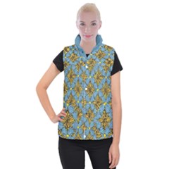 Gold Abstract Flowers Pattern At Blue Background Women s Button Up Vest