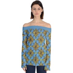 Gold Abstract Flowers Pattern At Blue Background Off Shoulder Long Sleeve Top by Casemiro