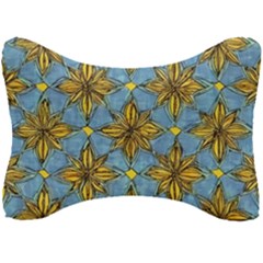 Gold Abstract Flowers Pattern At Blue Background Seat Head Rest Cushion by Casemiro