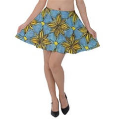 Gold Abstract Flowers Pattern At Blue Background Velvet Skater Skirt