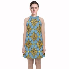 Gold Abstract Flowers Pattern At Blue Background Velvet Halter Neckline Dress 