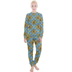 Gold Abstract Flowers Pattern At Blue Background Women s Lounge Set by Casemiro